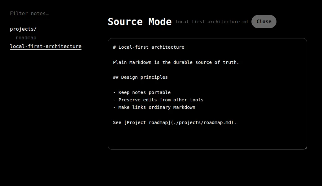 Local Notes source mode showing a Markdown file beside its folder tree