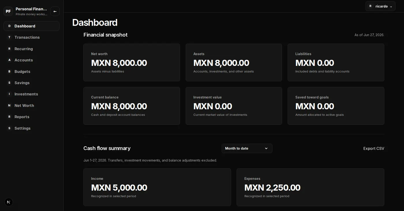 Personal Finance dashboard showing navigation and financial snapshot cards in Mexican pesos