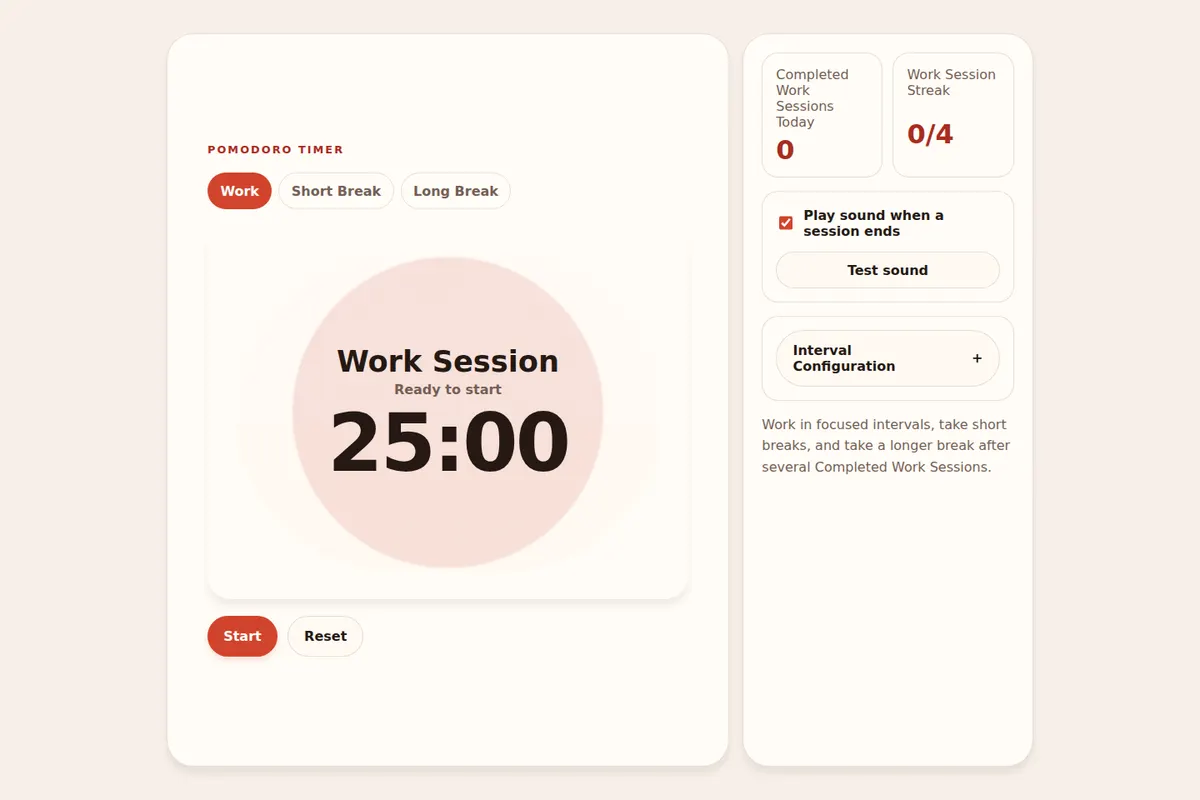 Pomodoro Timer ready for a 25-minute Work Session with interval controls visible